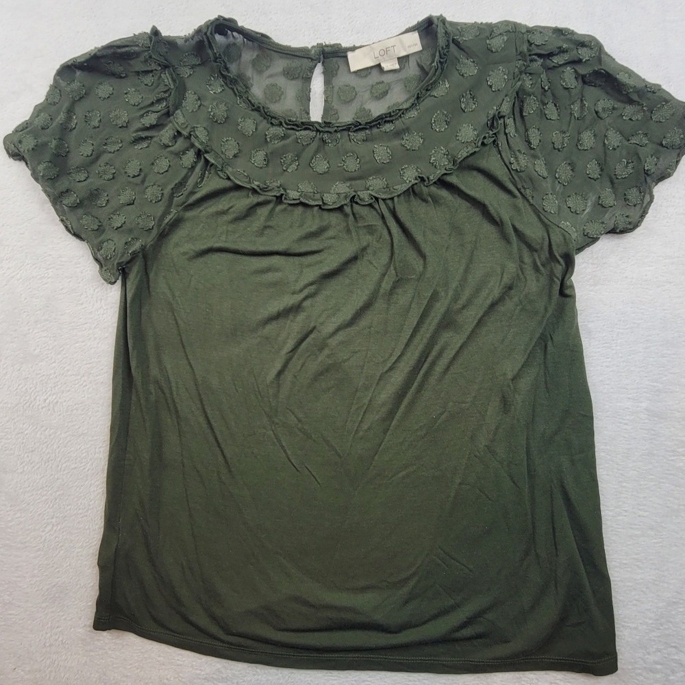 Loft Petites Olive Green Swiss Dot Mesh Ruffle Short Sleeve Blouse SP